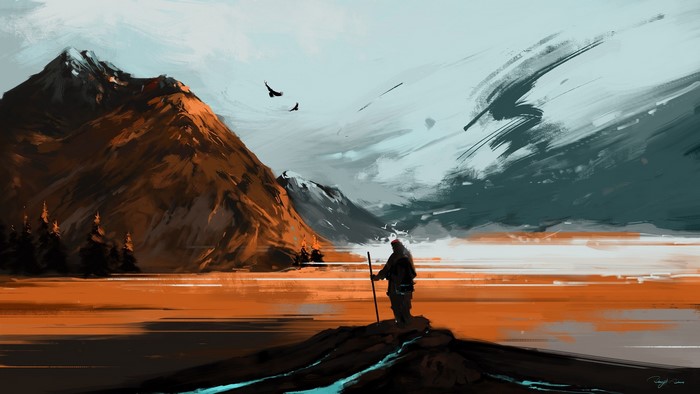 Artwork of a hiker with mountains and birds