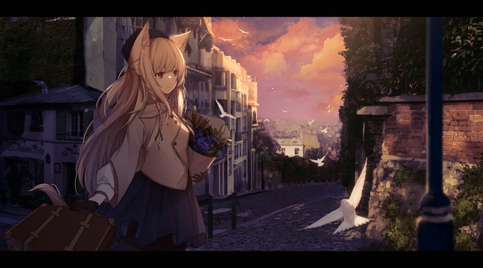Anime girl with cat ears and suitcase in Paris at sunset