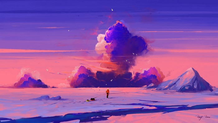 Artwork of a person with a sled in a snowy landscape with clouds
