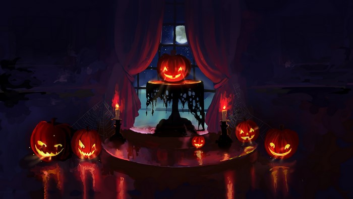 Halloween Jack O Lanterns and Candles in a Dark Room