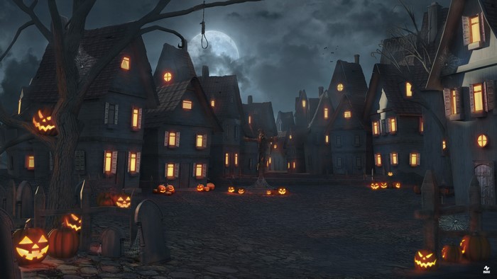 Spooky Halloween village with Jack O Lanterns and a scarecrow