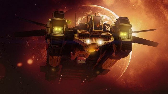 Futuristic UPS spaceship in front of a planet