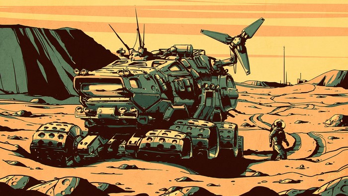 Astronaut and rover on a desolate planet