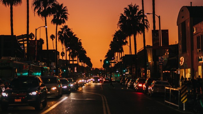 Los Angeles Sunset with Palm Trees and Traffic