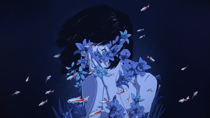 Perfect Blue Anime Girl with Flowers and Fish