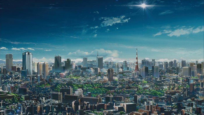 Anime cityscape with Tokyo Tower under a bright sky
