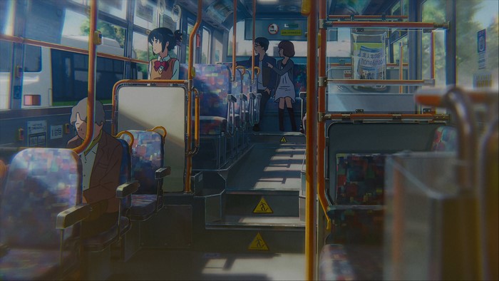 Anime bus interior with passengers