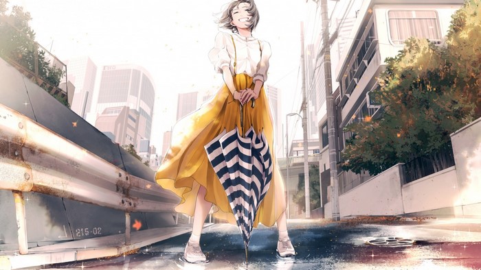 Anime girl with umbrella in city street