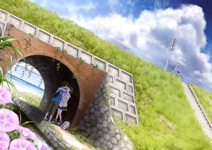 Anime couple under a brick bridge with a beach view