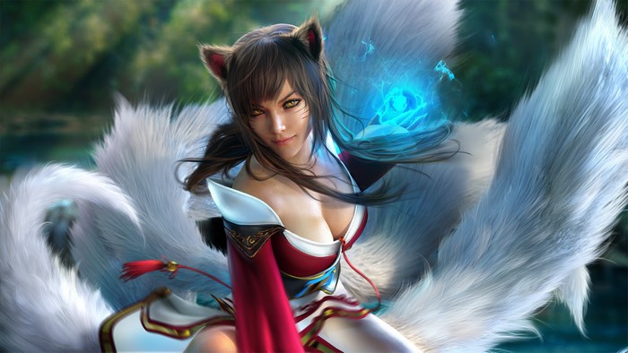 Ahri from League of Legends with nine tails and magic