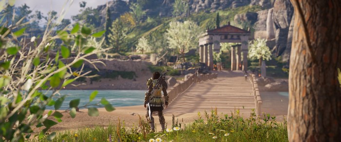 Kassandra from Assassin's Creed Odyssey on a bridge