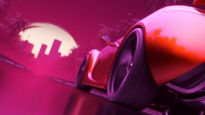 Red sports car on a synthwave road with city skyline
