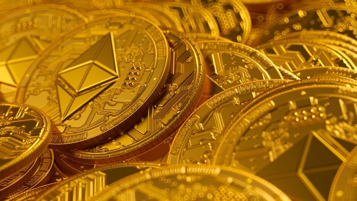 Pile of gold Ethereum cryptocurrency coins