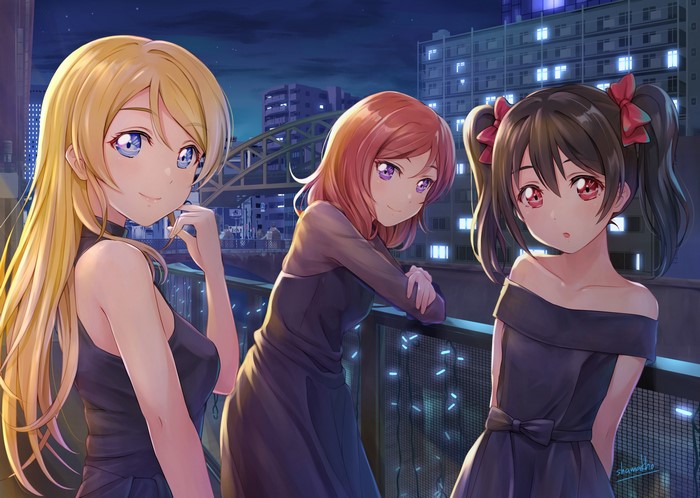 Ayase Eri, Nishikino Maki, and Yazawa Nico from Love Live! at night
