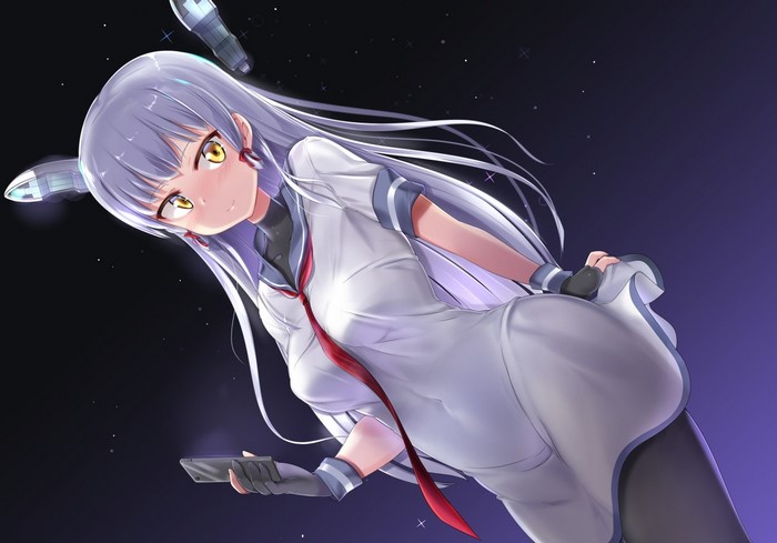 Anime girl with purple hair holding a phone