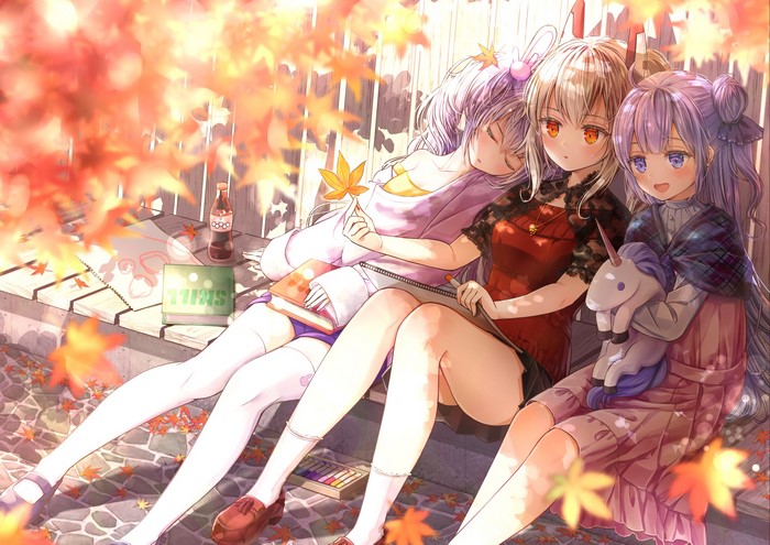 Azur Lane characters Laffey, Ayanami, and Unicorn sitting outdoors