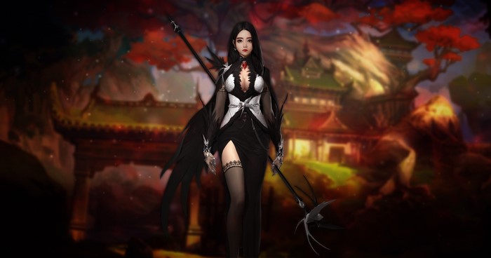 Fantasy girl with dark hair and a spear