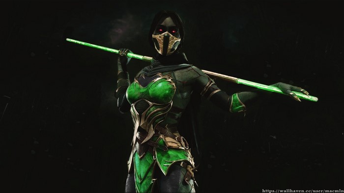 Jade from Mortal Kombat 11 holding a staff