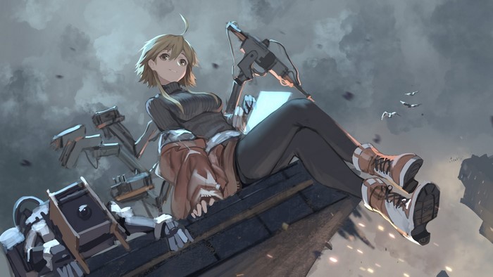 Mayer from Arknights with a weapon