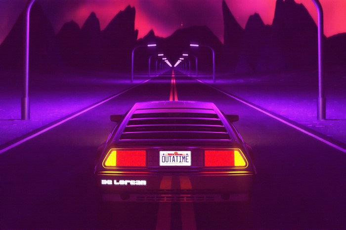 DeLorean car driving on a neon road