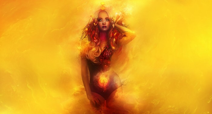 Fantasy art of a woman in yellow background