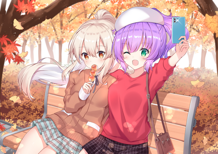 Azur Lane girls taking a selfie in fall