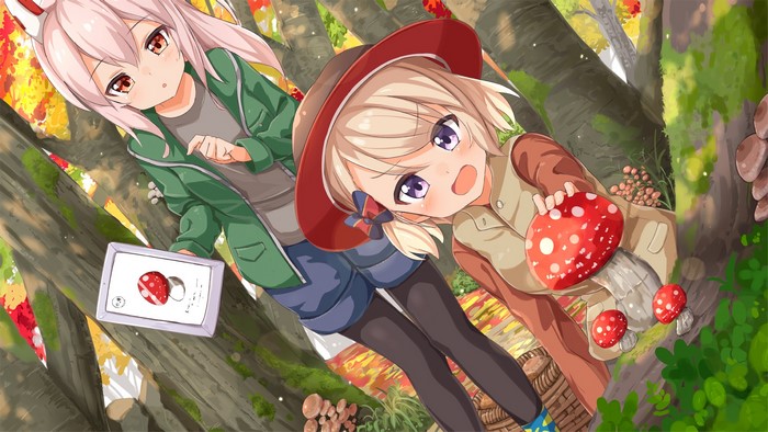 Anime girls in a forest with mushrooms