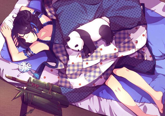 Anime girl sleeping with panda and bamboo