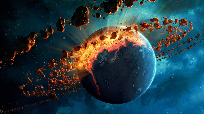 Planet Earth being destroyed by asteroids and fire