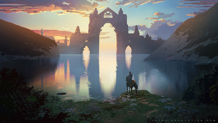Knight on horseback at fantasy ruins by a lake at sunset