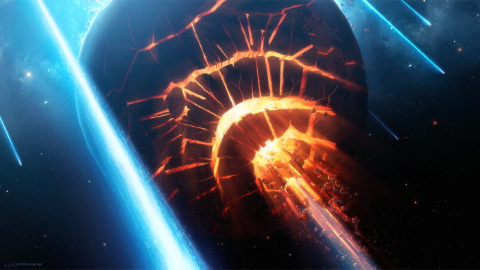 Planet exploding with lava and blue energy beam