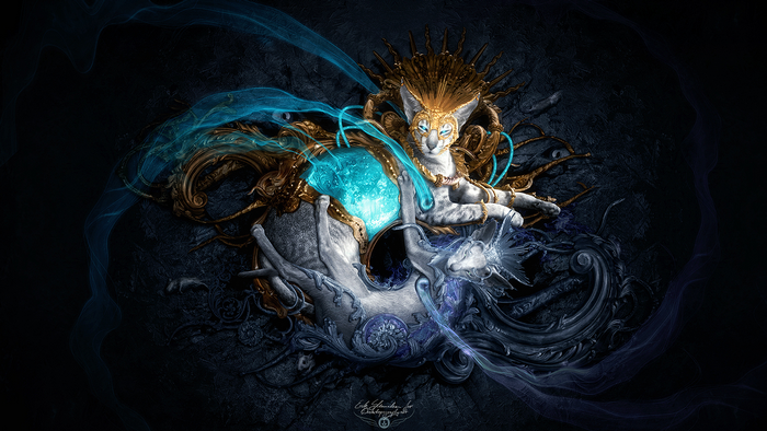 Fantasy artwork of a cat with gold and cyan adornments