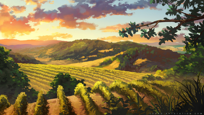 Artwork of a landscape with fields and hills at sunset