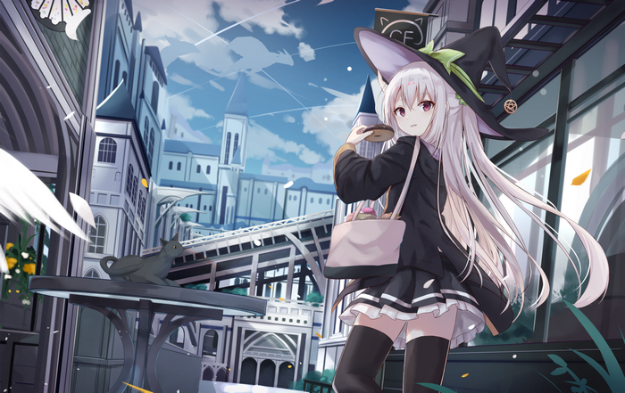 Anime girl in witch hat eating donut