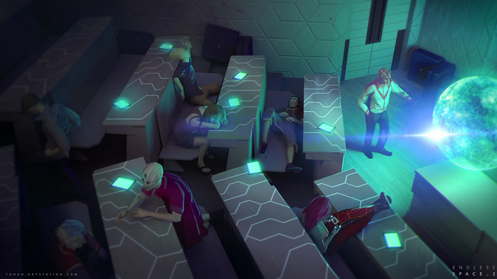 Alien students sleeping in a futuristic classroom in Endless Space 2