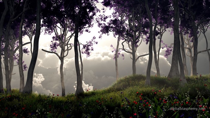 Purple trees in a misty forest with flowers