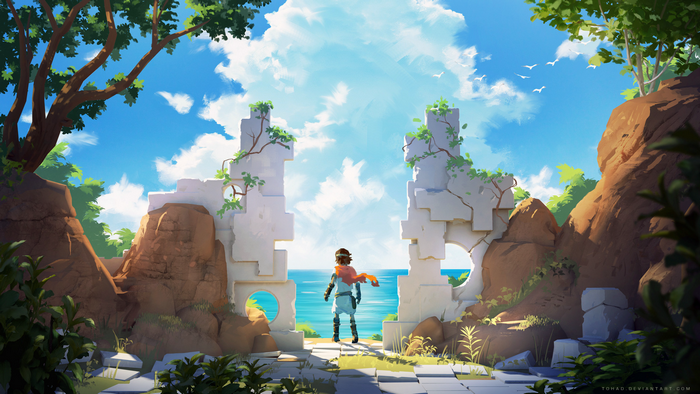 Character standing at ancient ruins overlooking the sea