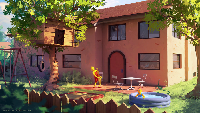Lisa Simpson and Maggie Simpson in The Simpsons backyard