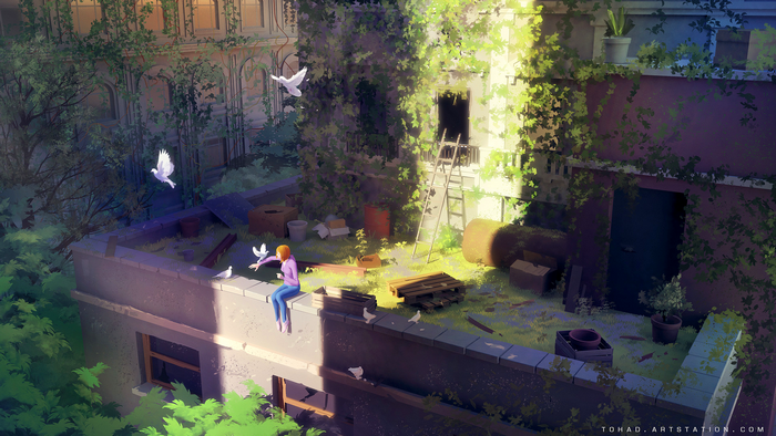Girl feeding doves on a rooftop overgrown with plants