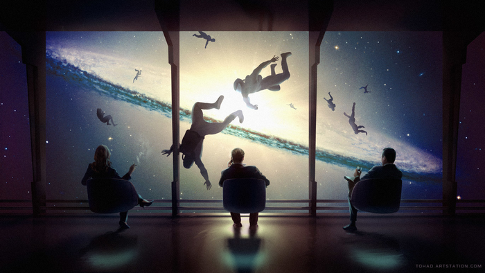People watching figures float in space by a galaxy