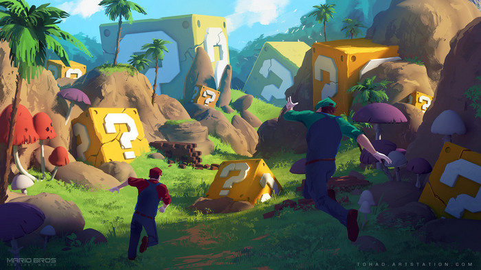 Mario and Luigi from Mario Bros. in a jungle with question blocks
