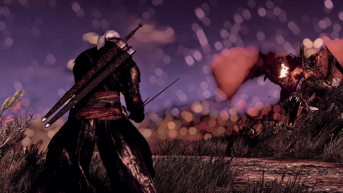 Geralt from The Witcher 3: Wild Hunt fighting a dragon
