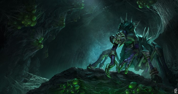 Spider creature in a dark cave from Warcraft III: Reforged