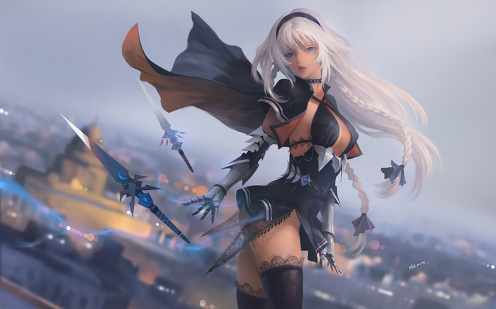 Anime girl with white hair and blue eyes holding weapons