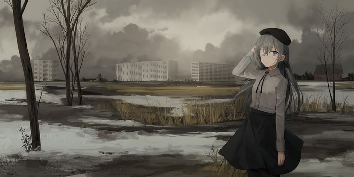 Anime girl with eyepatches in a desolate Slavic city