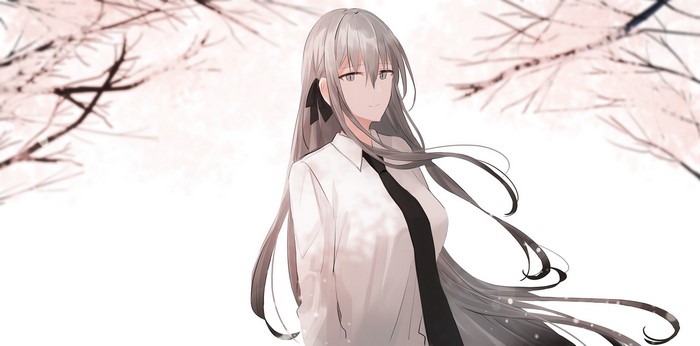 Anime girl with white hair and black tie