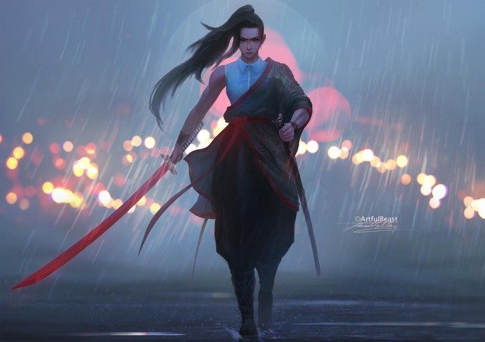Samurai with red katana in the rain