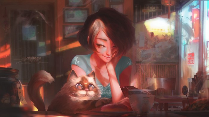 Artwork by Paul Nong: Girl and cat in a cafe