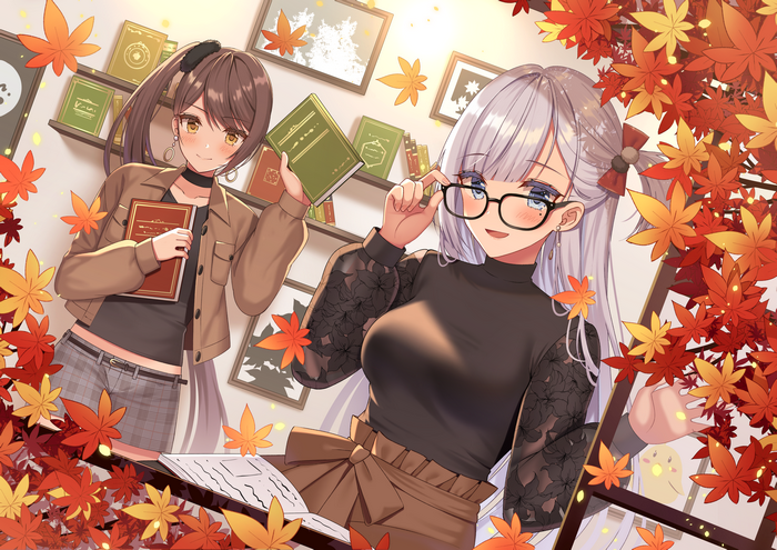 Anime girls with books and autumn leaves