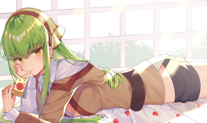 C.C. from Code Geass eating pizza on a bed